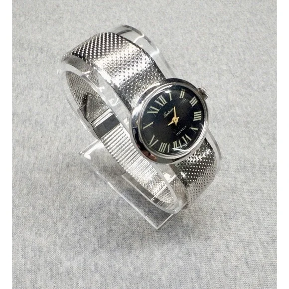 Vtg Fantasia Womens Swiss Movement Watch Silver Tone 28mm Black Oval Dial 1970's - Picture 4 of 10